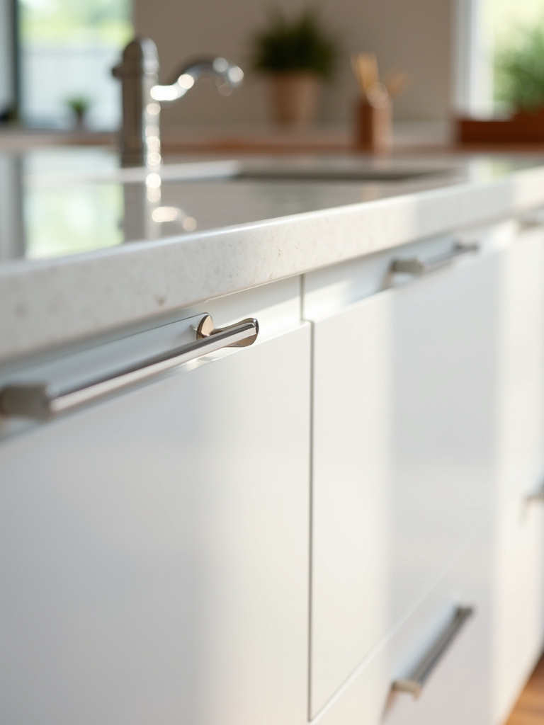 Streamlined white kitchen cabinets with a handleless design, showcasing the clean and minimalist aesthetic achieved by eliminating visible hardware.