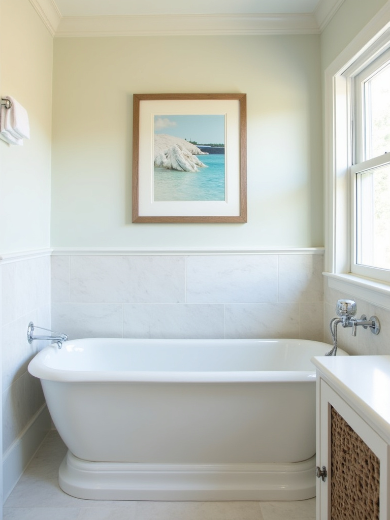 Coastal bathroom with beach-themed framed art above the bathtub.