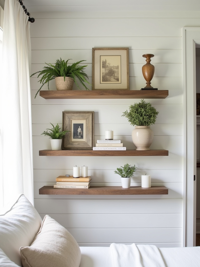 Farmhouse bedroom interior featuring rustic floating wood shelves mounted on a white shiplap wall, displaying vintage books, potted plants, framed photos, and candles, illuminated by soft natural light.