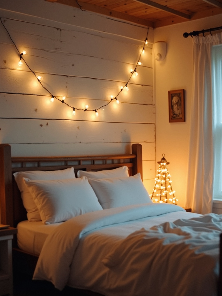 Farmhouse bedroom interior featuring delicate string lights with warm white bulbs hung above a bed with white bedding and shiplap walls, creating a soft, magical, and cozy evening lighting atmosphere.