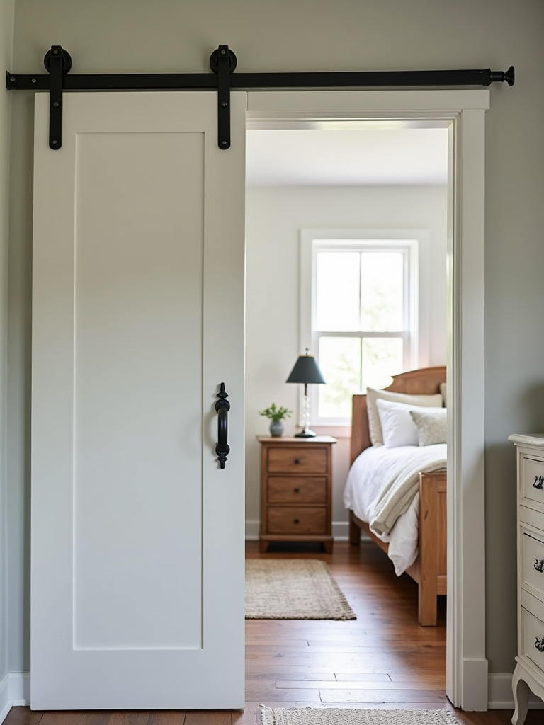 Farmhouse bedroom entrance featuring a white painted barn door with black hardware slightly ajar, revealing a glimpse of the neutral-toned bedroom interior illuminated by natural daylight.