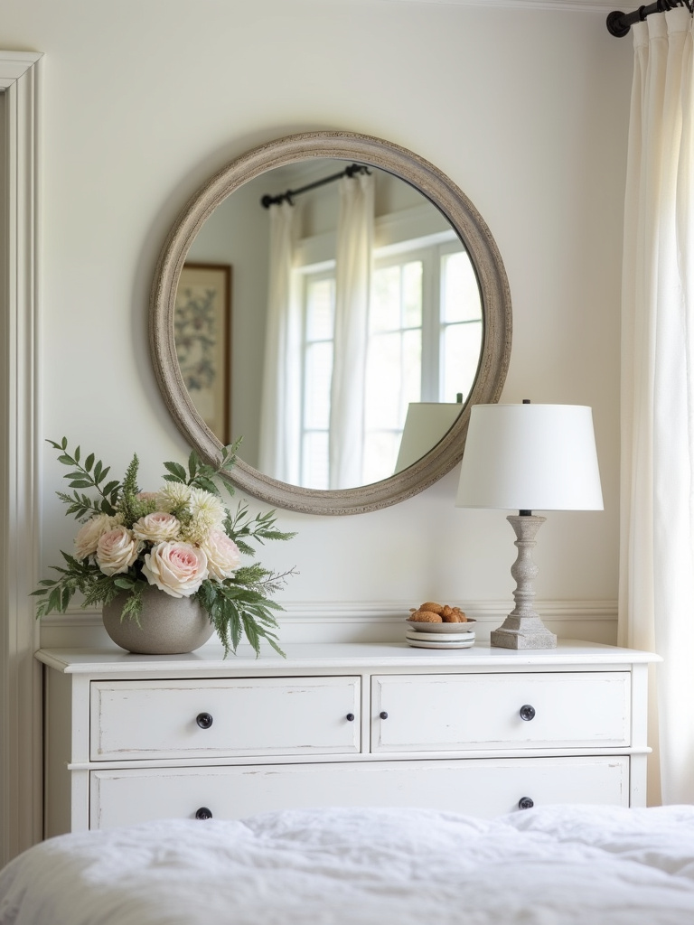 Farmhouse bedroom interior showcasing a large round mirror with a distressed wood frame hanging above a white dresser, reflecting window light and enhancing the bright and airy feel of the neutral-toned room.