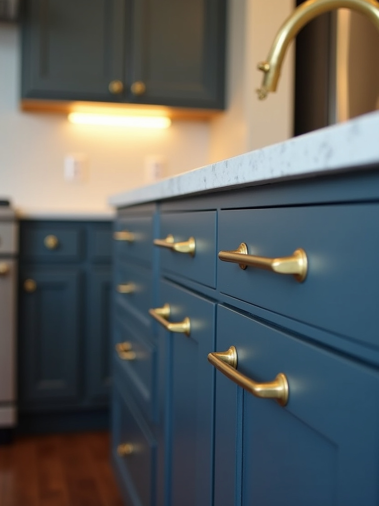 Close-up of dark blue kitchen cabinets with brushed brass bar pull hardware.
