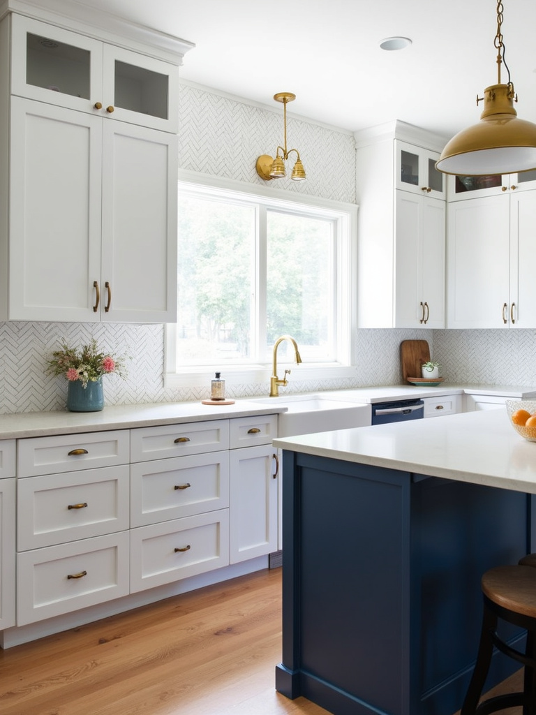Dynamic farmhouse kitchen with a white subway tile backsplash in a sophisticated herringbone pattern.