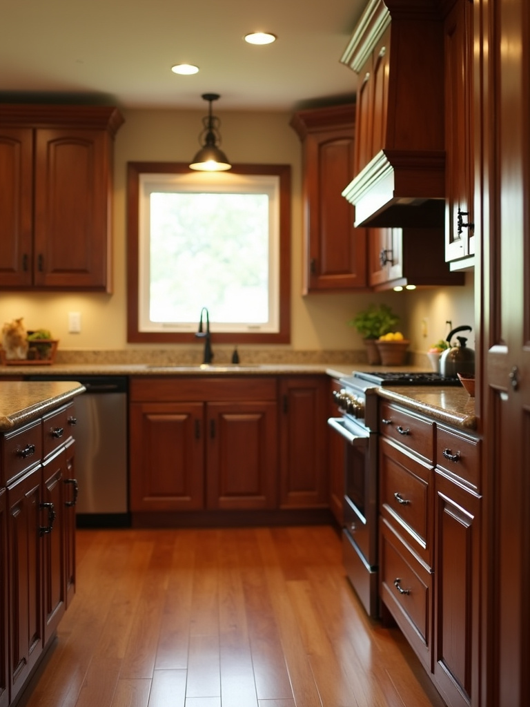 Traditional kitchen showcasing rich cherry wood cabinets with a medium stain and warm-toned granite countertops.