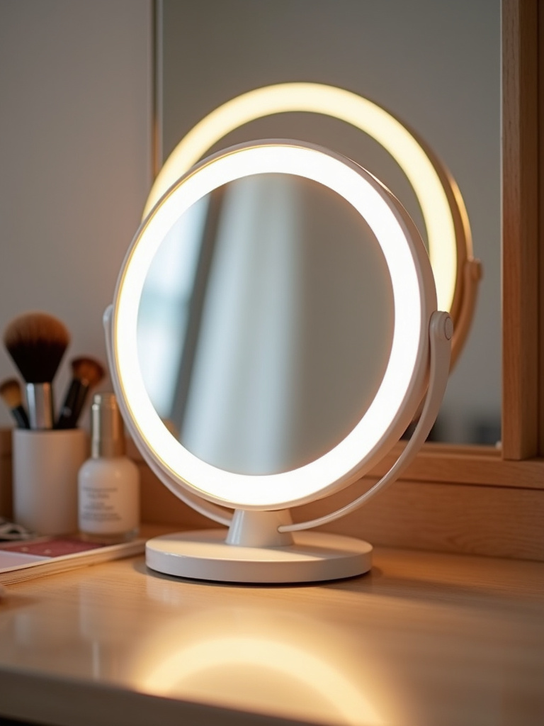 Illuminated vanity mirror on a dresser, providing soft, even lighting for makeup application and grooming.