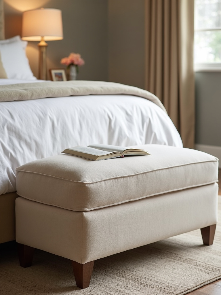 Medium shot of a cozy bedroom featuring a soft upholstered ottoman at the foot of the bed, adding both seating and a touch of visual softness to the space.