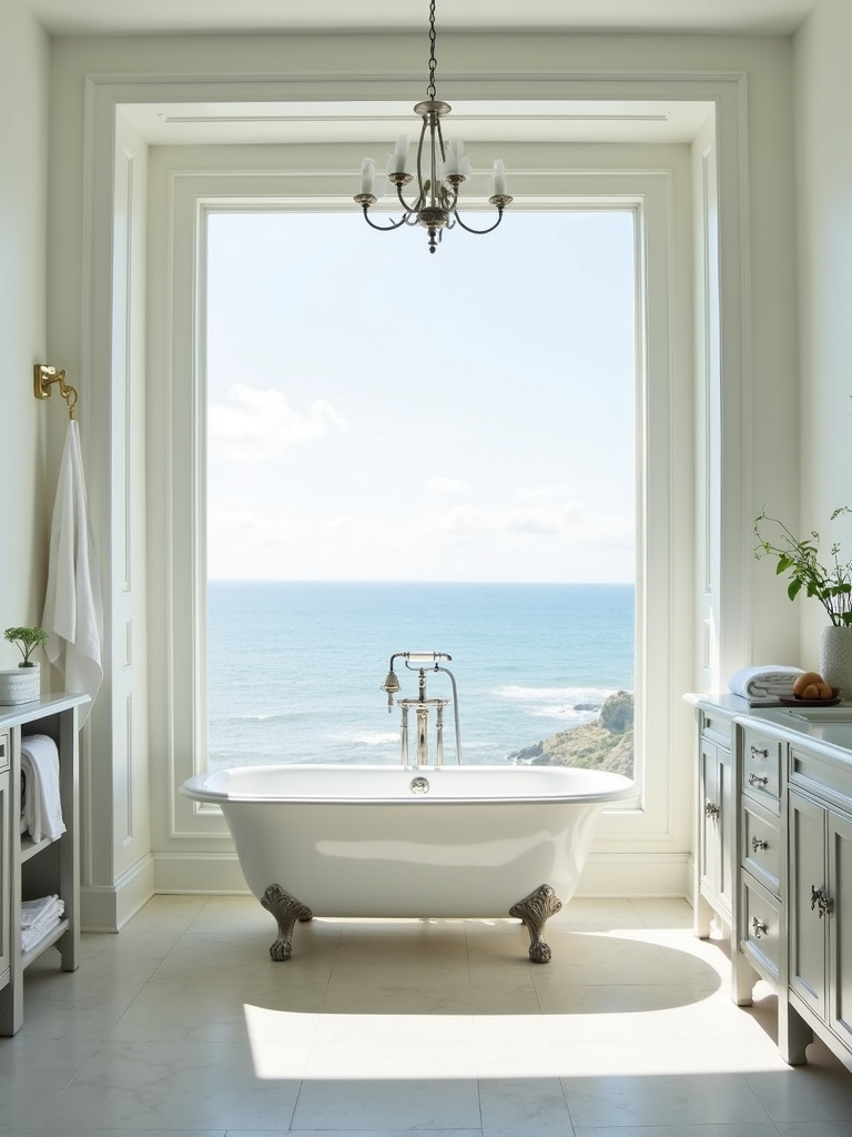 Coastal bathroom featuring a freestanding white clawfoot bathtub with a large window behind it.