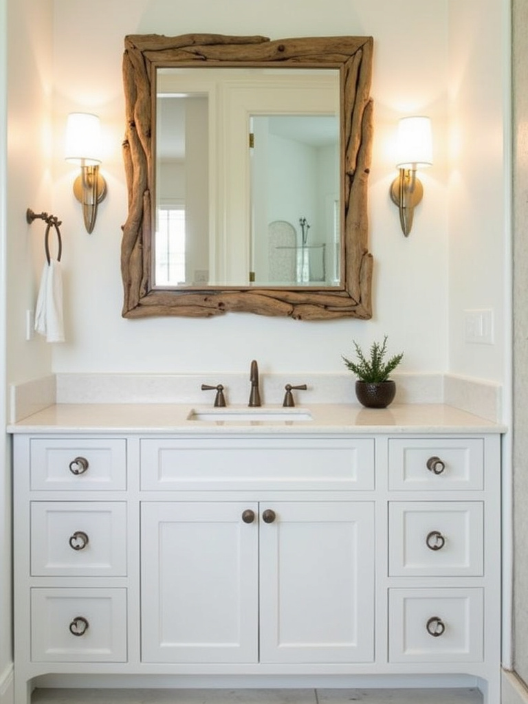 Coastal bathroom vanity area with a driftwood mirror above a white sink.