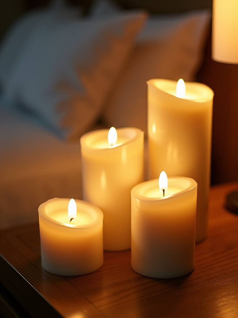 Close-up of a collection of flameless candles in varying sizes and heights on a bedside table, emitting a warm, flickering light and creating a cozy ambiance.