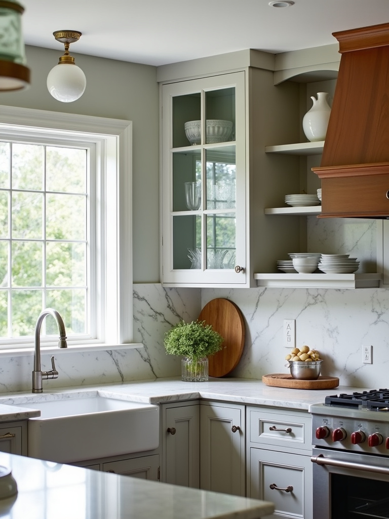 Traditional kitchen featuring light grey glass-front cabinets showcasing decorative china and glassware.