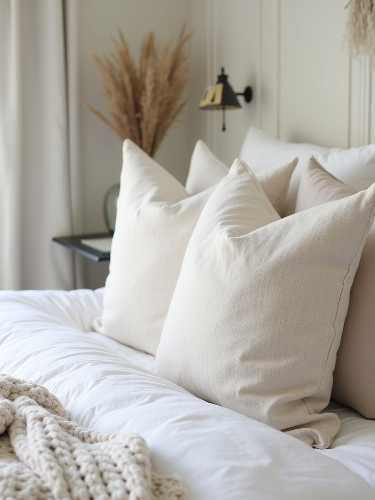 Close-up view of linen throw pillows in neutral colors and varying textures layered on a bed with a white quilt and chunky knit blanket, highlighting the tactile quality of the pillows in a farmhouse bedroom setting.
