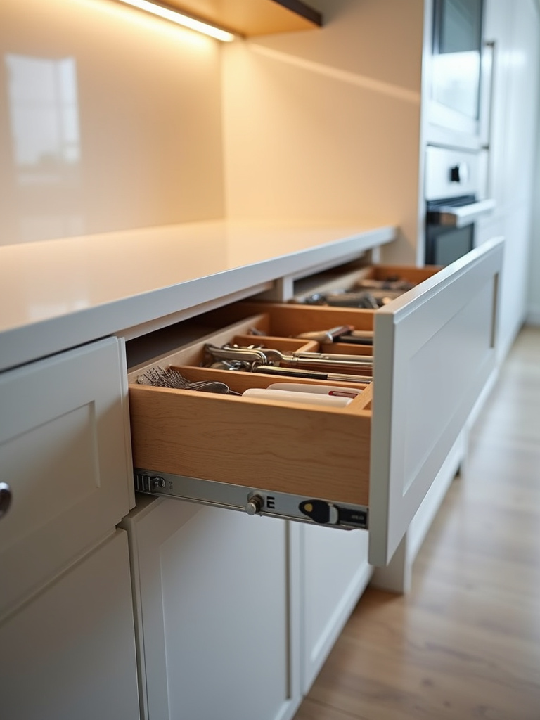 “Contemporary minimalist kitchen showcasing an open drawer with organized storage, featuring drawer dividers for utensils and cookware, emphasizing smart and hidden storage solutions.”