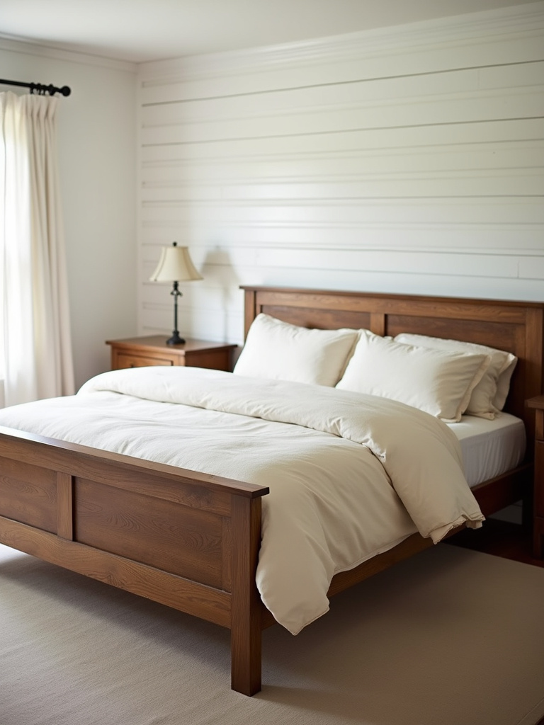 Farmhouse bedroom interior featuring a rustic wood bed frame with cream linen bedding, flanked by wooden nightstands and shiplap walls, illuminated by natural window light.