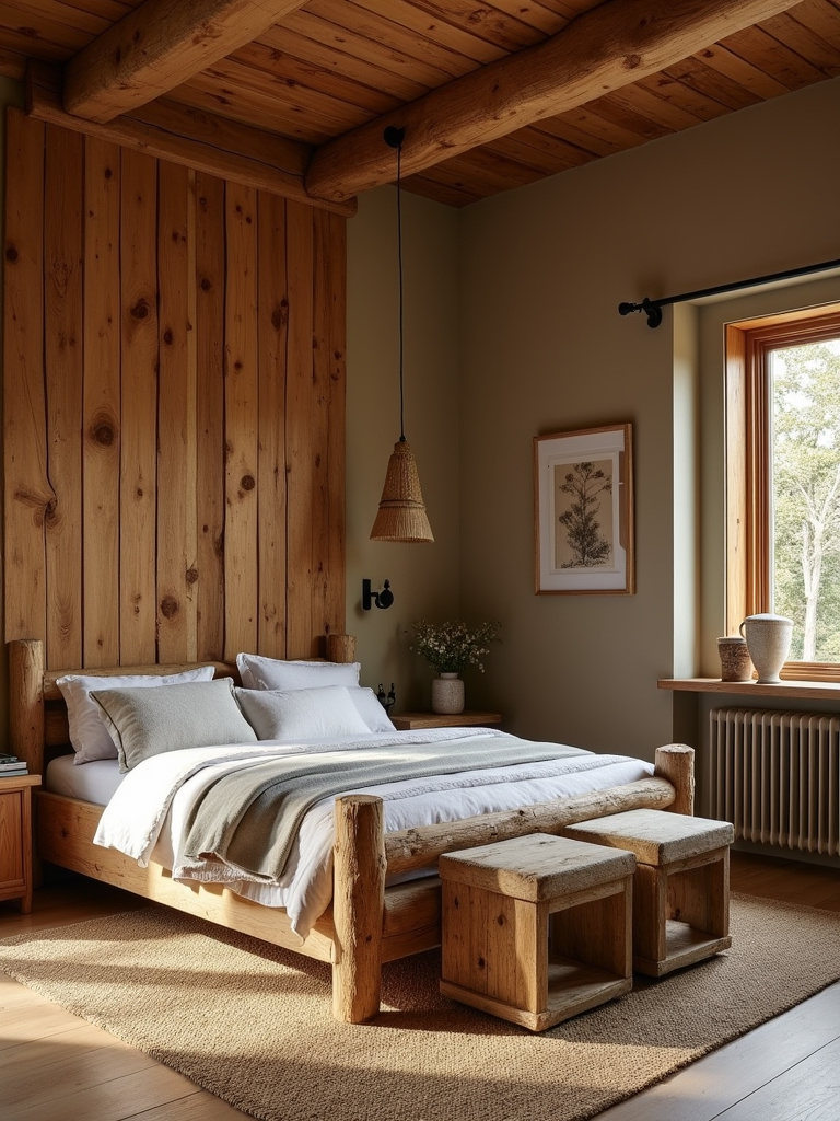 Wide shot of a cozy rustic bedroom featuring wooden furniture, wood paneling, natural fiber rug, and warm earthy tones, creating a naturally warm and inviting atmosphere.