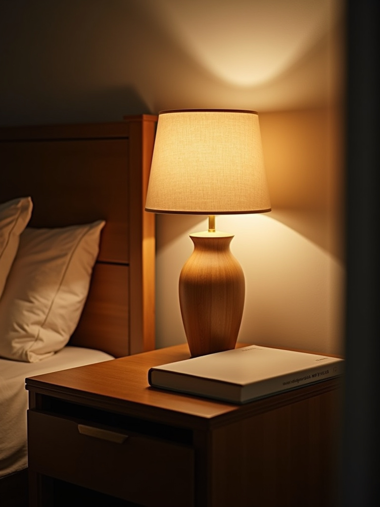 Close-up of a bedside table featuring a dimmable lamp emitting a soft warm glow, illuminating a book and creating a cozy reading nook atmosphere.