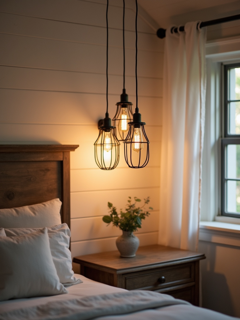 Farmhouse bedroom scene featuring industrial style pendant lights with metal cages and Edison bulbs hanging over wooden nightstands, illuminating a bed with neutral bedding and shiplap walls with soft warm light.