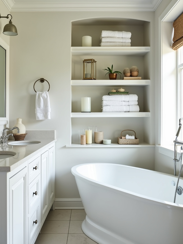Coastal bathroom with open shelving styled with towels and coastal decor next to a bathtub.