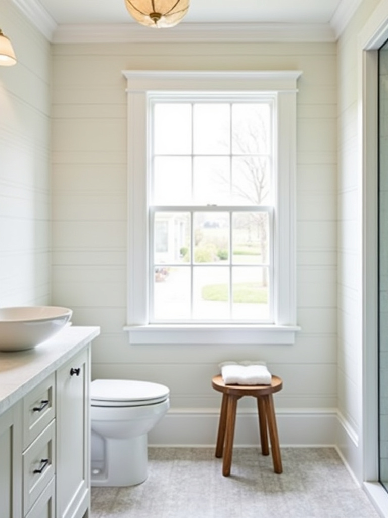 Coastal bathroom featuring white shiplap walls and a vanity with a vessel sink.