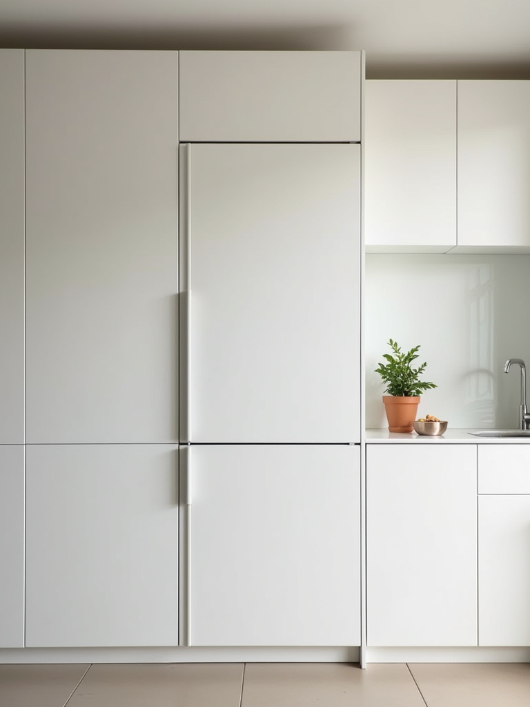 “Modern minimalist kitchen showcasing an integrated refrigerator that is seamlessly blended into white cabinetry, creating a clean and uninterrupted cabinet wall.”