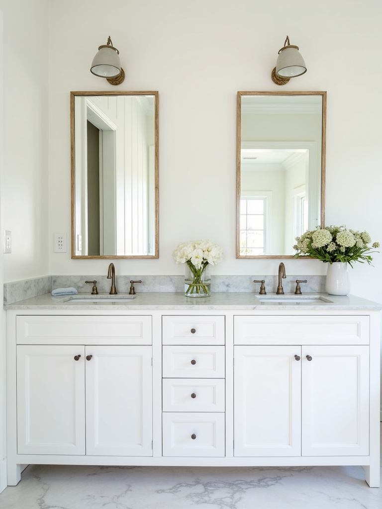 Coastal Hamptons-style bathroom vanity with white shaker cabinets and marble countertop.