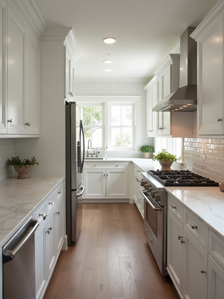 Traditional kitchen featuring stainless steel appliances seamlessly integrated into white cabinets with marble countertops and subway tile backsplash.