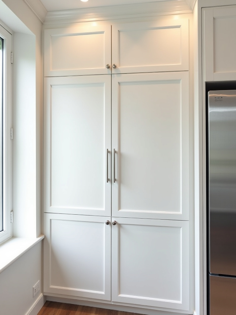 Seamless white kitchen cabinet wall featuring integrated appliances, showcasing the uniform and uncluttered look achieved by concealing appliances behind matching cabinet panels.