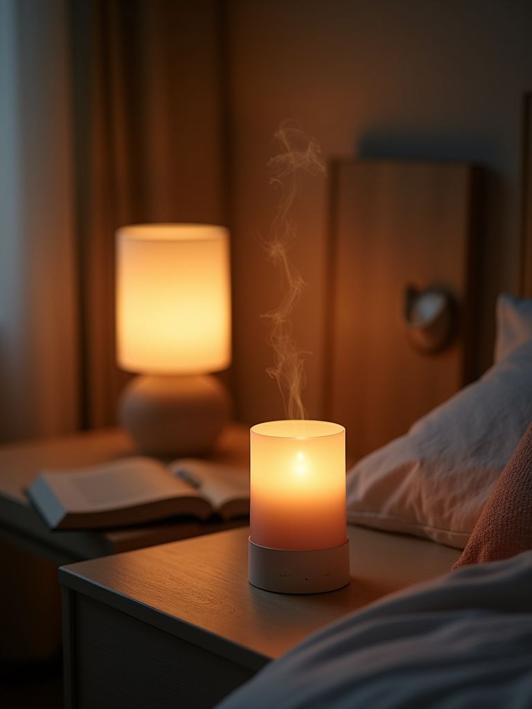Close-up of a cozy bedroom scene featuring a scented candle or essential oil diffuser on a bedside table, creating a calming and inviting atmosphere with soft warm lighting.