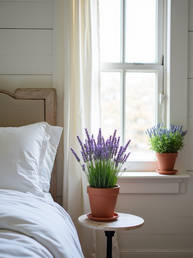 Farmhouse bedroom scene featuring potted lavender plants in terracotta pots on a nightstand and windowsill, bringing greenery and soft purple accents to the neutral-toned room with white bedding and shiplap walls.