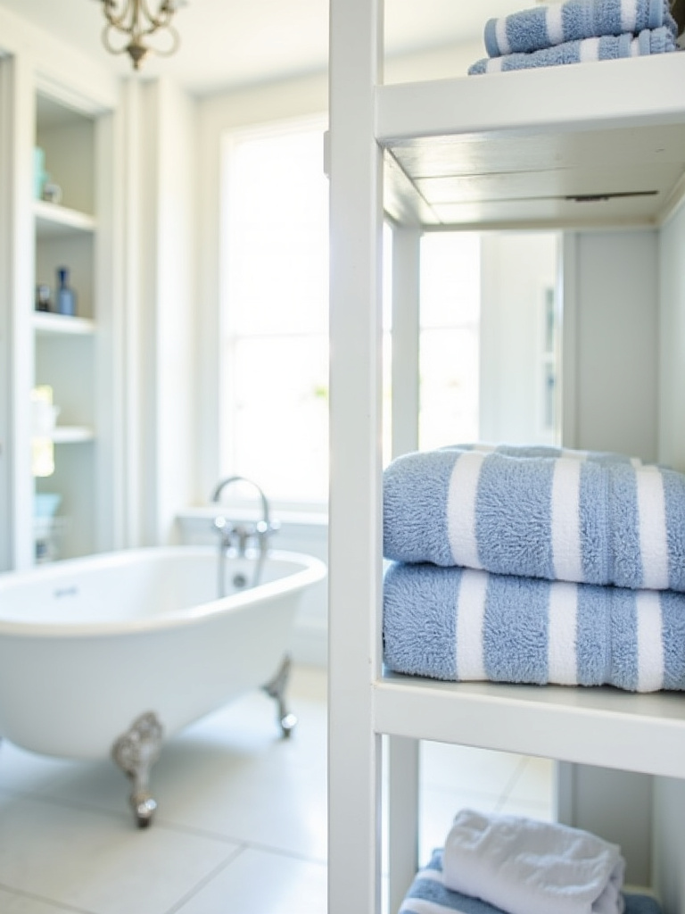 Coastal bathroom featuring blue and white striped towels folded on a shelf.
