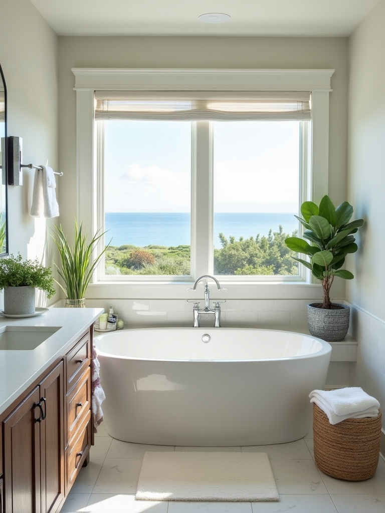 Coastal bathroom with potted plants on the vanity and windowsill.