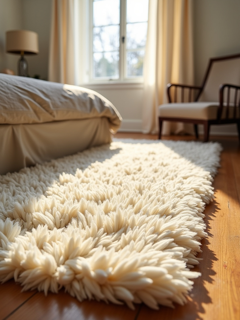 Wide shot of a cozy bedroom emphasizing a large cream-colored wool rug covering most of the floor, with a bed partially visible and soft natural light filtering through curtains.
