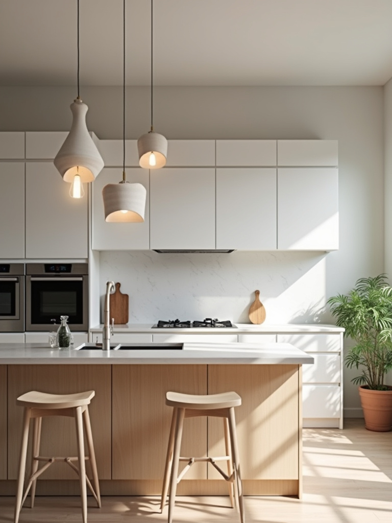 “Scandinavian minimalist kitchen featuring minimalist pendant lights as statement lighting over a light wood kitchen island, complemented by white cabinets and warm lighting.”