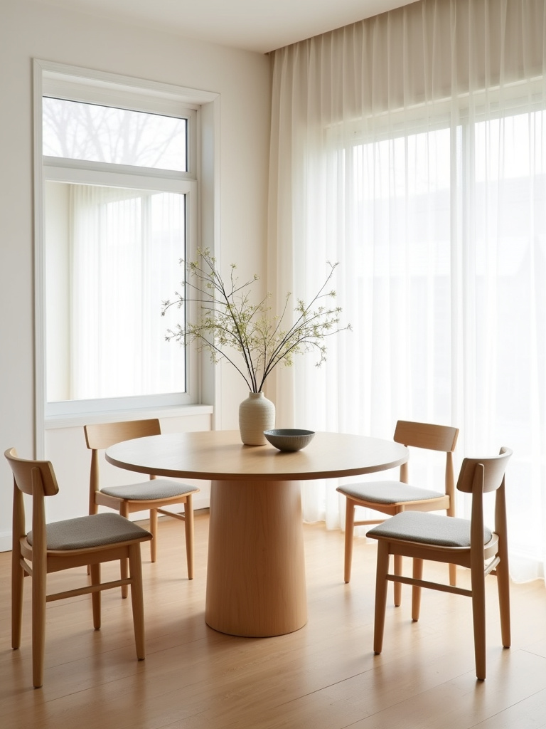 Japandi dining room with a light wood round table, minimalist chairs, white walls, and soft natural light, creating a serene atmosphere.