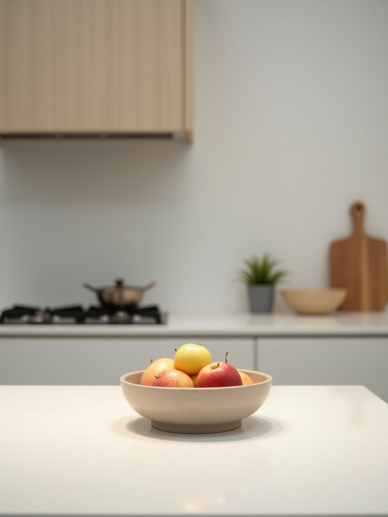 “Contemporary minimalist kitchen featuring a minimalist ceramic fruit bowl with apples as a functional and decorative element on a clean white countertop, emphasizing minimal and functional decor.”