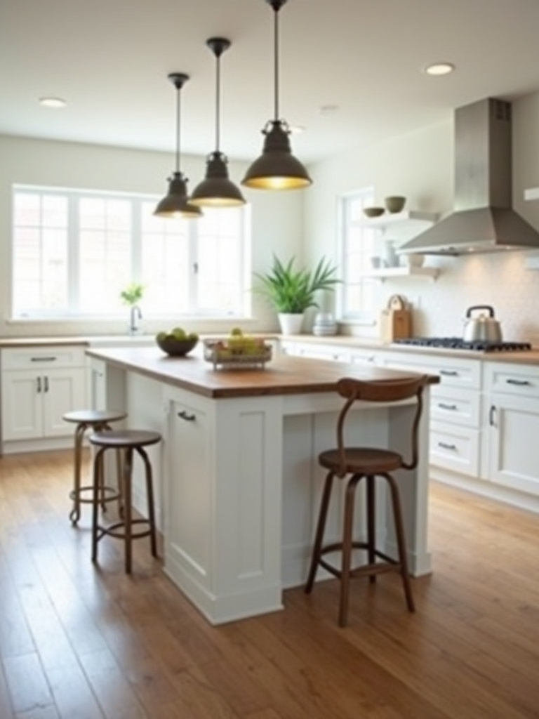Kitchen featuring a large white kitchen island with bar stools and pendant lights.