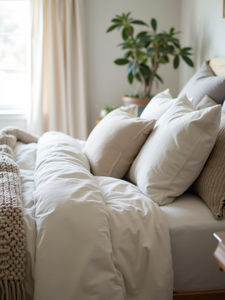 Close-up view of layered neutral farmhouse bedding in cream, beige, and light gray, showcasing linen duvet cover, cotton quilt, chunky knit throw blanket, and textured pillows, emphasizing textures and layering.