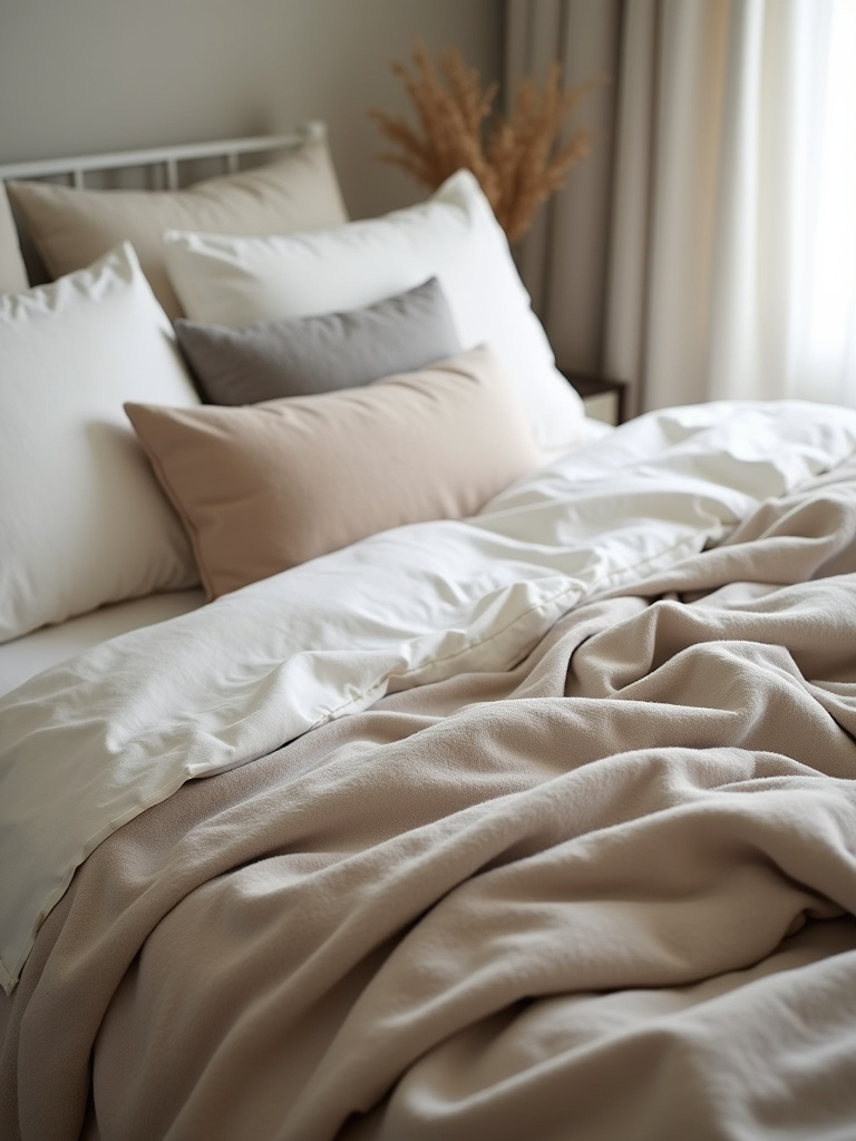 Cozy bedroom scene featuring a bed with multiple layers of plush bedding in neutral colors, including a linen duvet, cotton sheets, and a faux fur throw, illuminated by soft natural light.