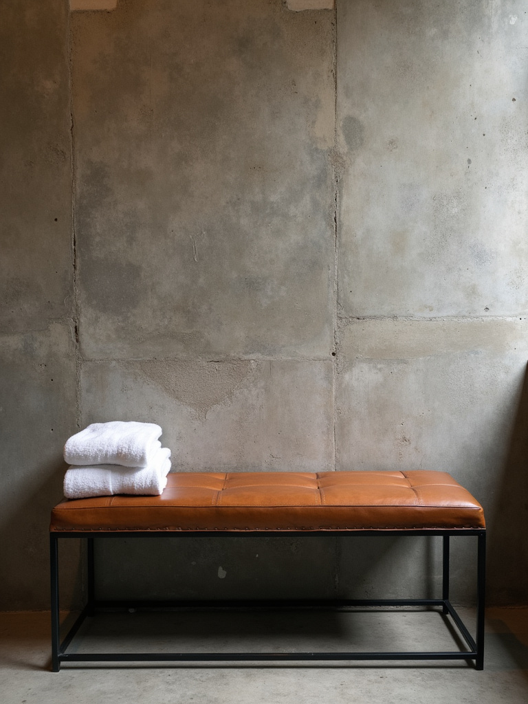 Industrial bathroom featuring a metal and brown leather bench placed against a concrete wall, adorned with white towels and set on a concrete floor under soft ambient lighting.