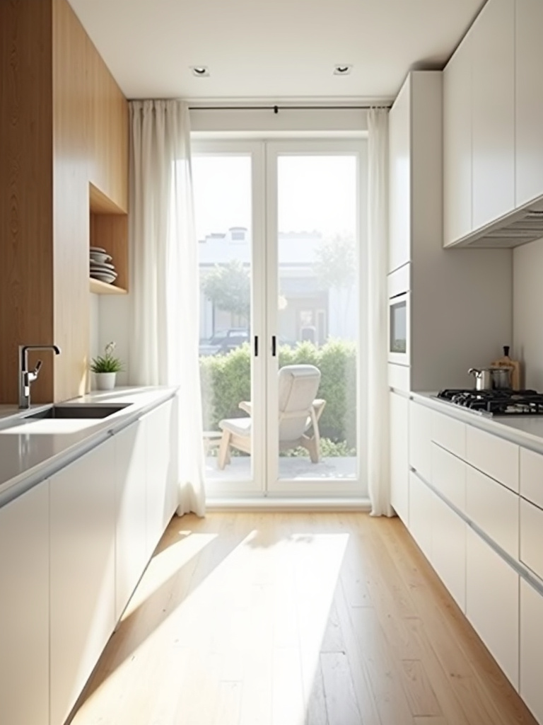 “Scandinavian minimalist kitchen bathed in bright natural daylight streaming through a large window, showcasing white cabinets, light wood accents, and an airy open feel.”
