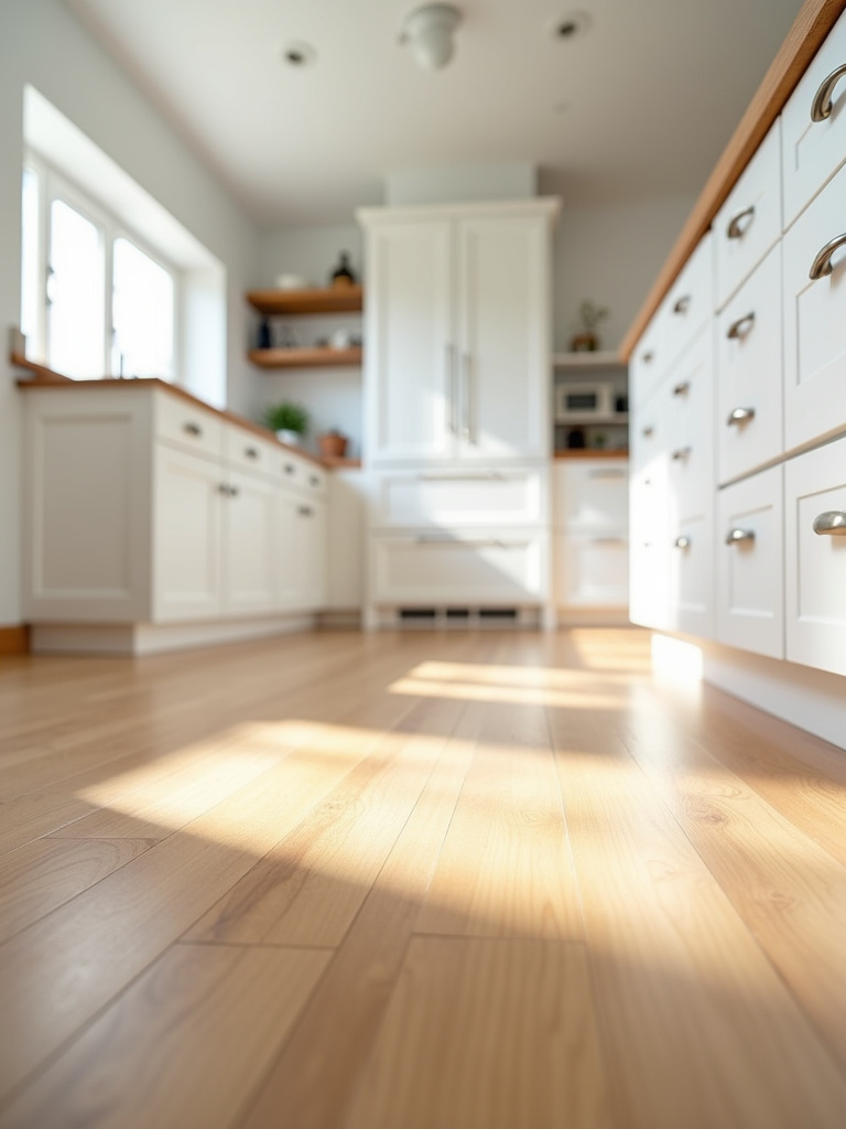 Bright white kitchen featuring light wood flooring that adds warmth and natural texture to the space, contrasting beautifully with white cabinets and countertops.