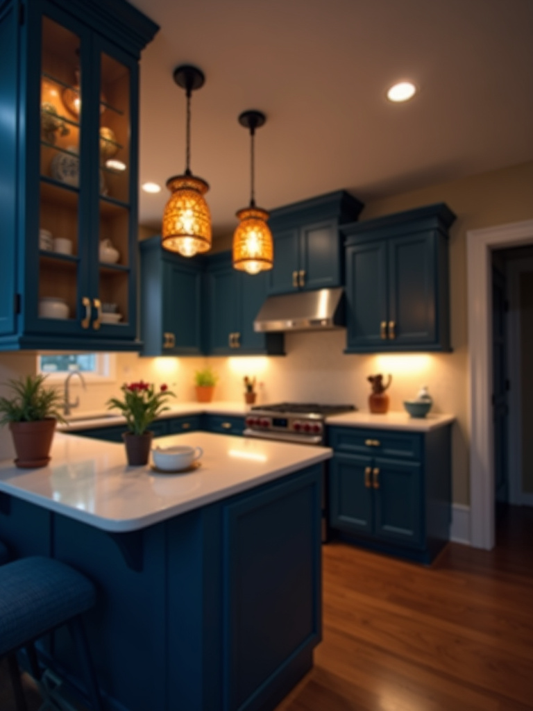 Kitchen at night with warm pendant lights over a kitchen island and soft ambient lighting.