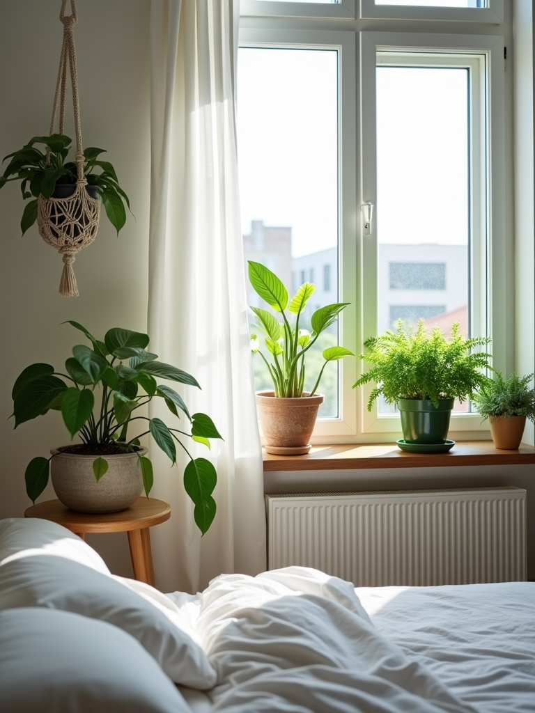 Various indoor plants placed on a windowsill, bedside table, and hanging in a bright apartment bedroom.