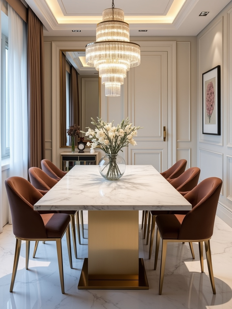 Luxurious dining room with a white marble dining table, elegant upholstered chairs, a chandelier, and polished floors.