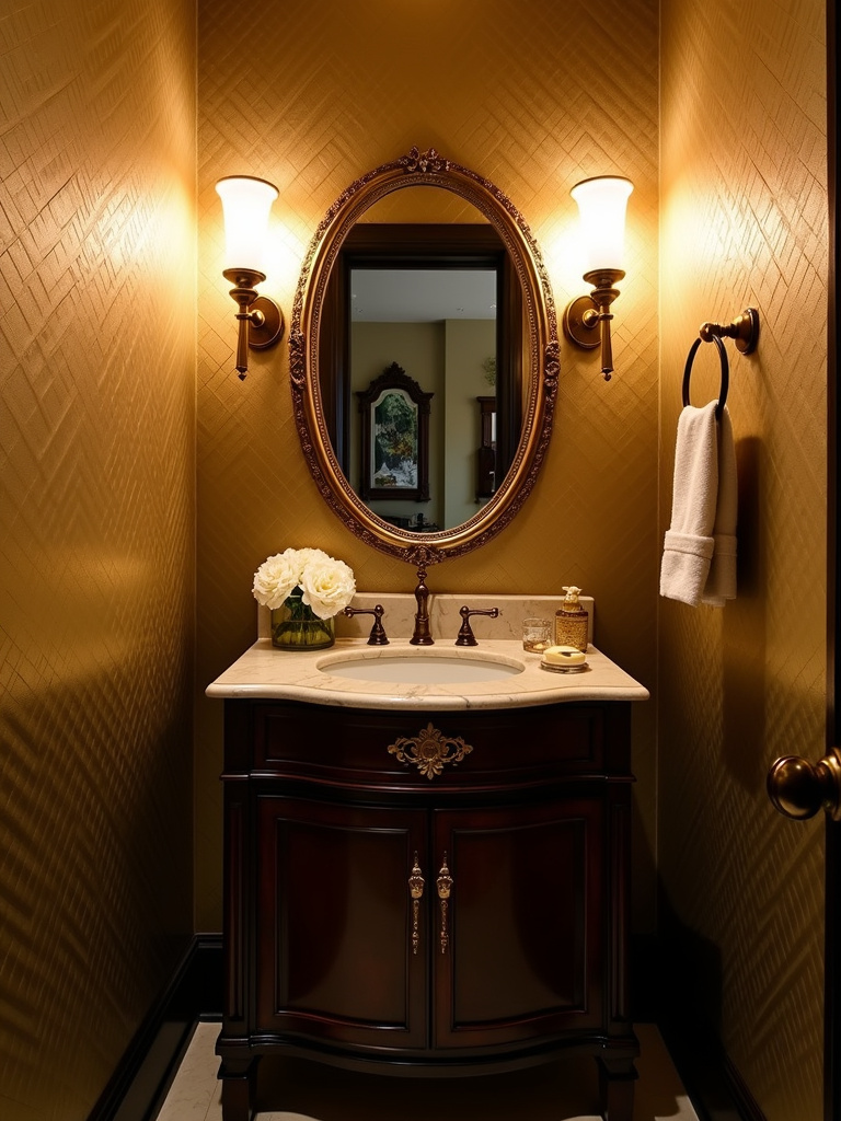 Glamorous powder room with metallic gold geometric wallpaper and brass accents.