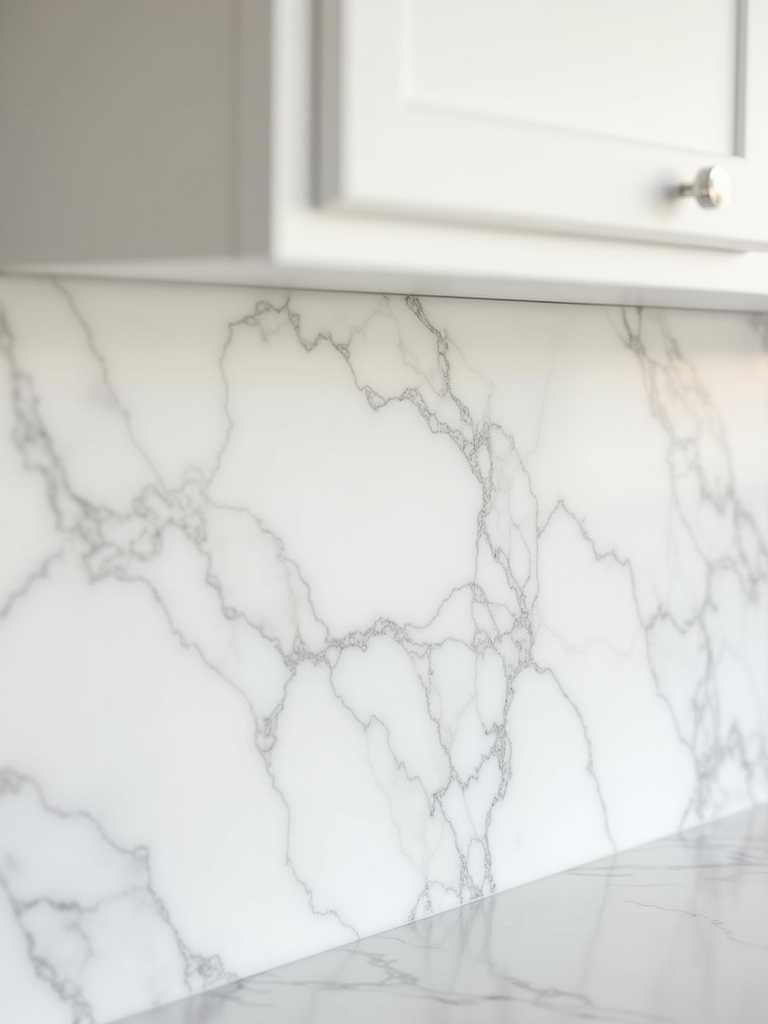Luxurious white kitchen marble backsplash with distinctive grey veining, showcasing the natural beauty and texture of the stone in a white kitchen design.