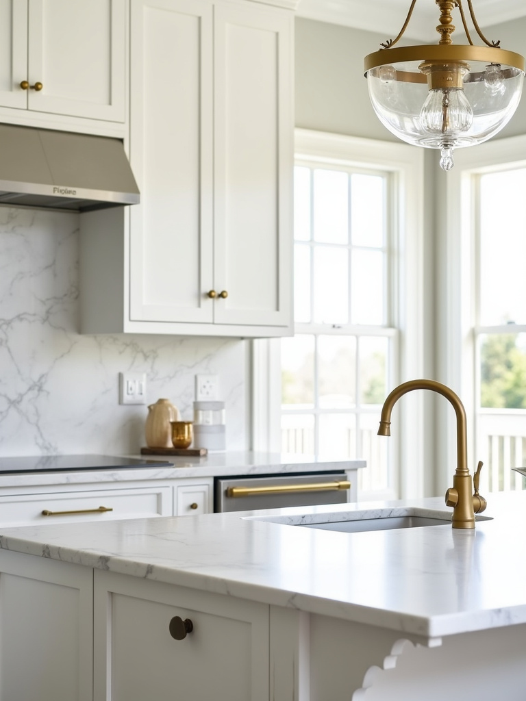 Luxurious farmhouse kitchen with a beautiful white Carrara marble backsplash and gold accents.