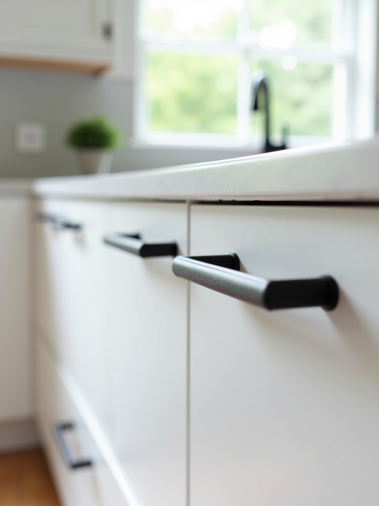 Modern white kitchen cabinet detail featuring matte black hardware (long pulls), showcasing the bold contrast and contemporary style against the white cabinetry.