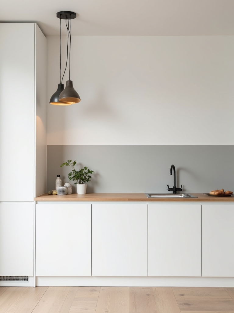 “Scandinavian minimalist kitchen featuring completely clear light wood countertops, white cabinets, and a light gray backsplash, emphasizing decluttered surfaces.”
