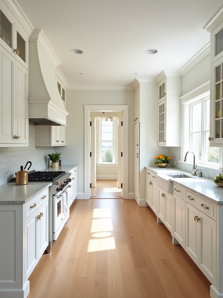 Traditional kitchen with floor-to-ceiling warm white cabinets maximizing storage and featuring a well-organized pantry section.